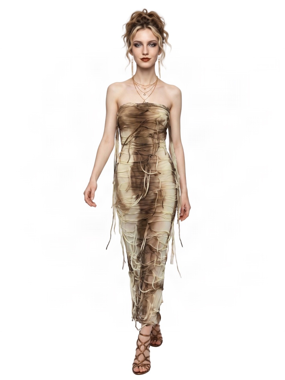 FASHION17 Brown Ivory Strapless Maxi Sheath Dress Distressed Avant Garde Fringe